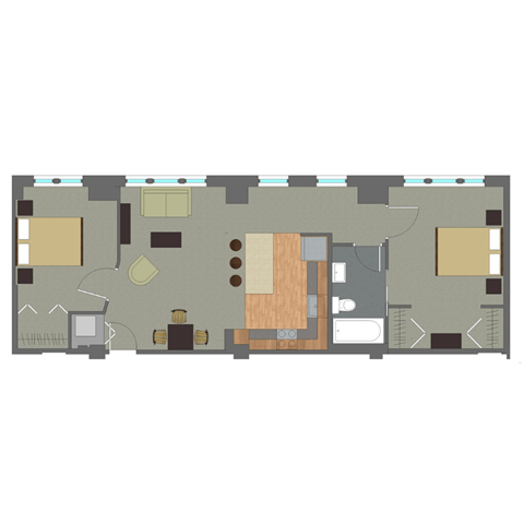 Floor plan for 2 beds, 1 bath, 845 sqft